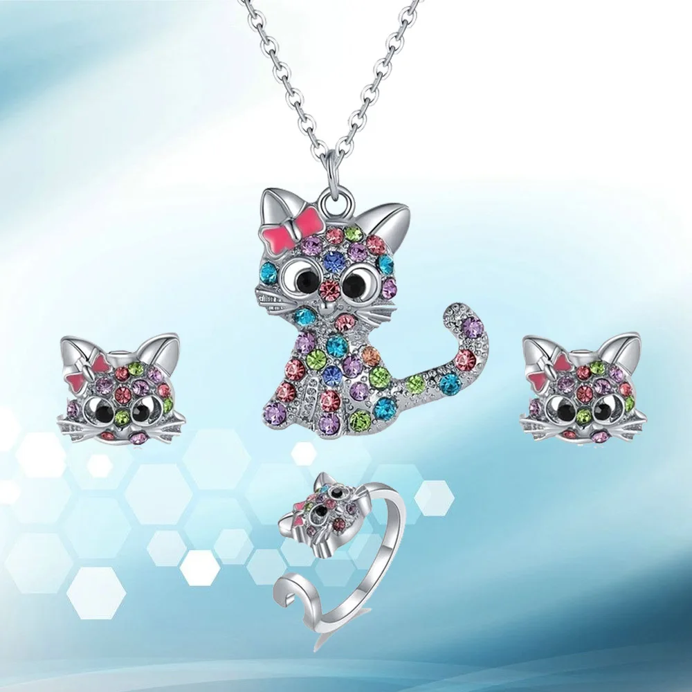 Ensemble de bijoux en cristal pour femmes et filles  collier avec chat arc-en-ciel rose et bleu