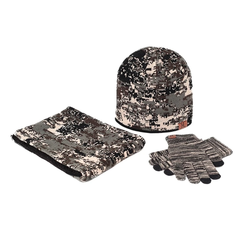 

Men Women Winter 3Pcs Camouflage Knit Beanie Hat Scarf Touch Screen Gloves Set Thick Plush Lining Skull Cap Neck Warmer A07 21