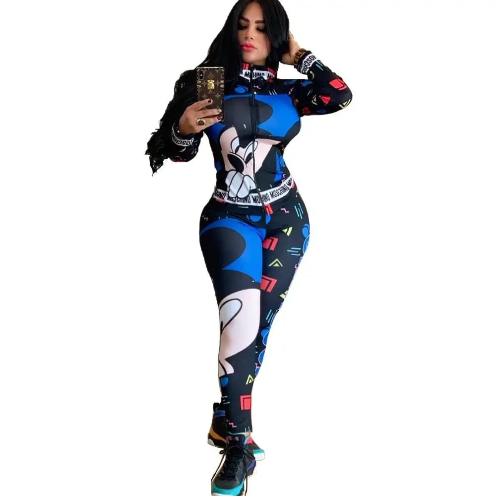 Fashion tide cartoon spliced lady sports suit full sleeve jackets and skinny pants 2 piece set casual sweatsuit | Женская одежда
