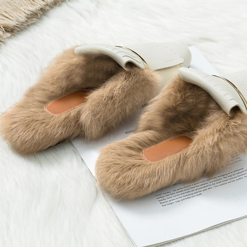 Женские уличные тапочки с кроличьим мехом Новинка 2020 года Лоферы Baotou Женская