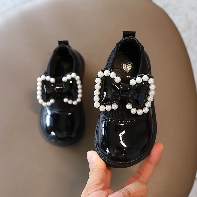 Zapatos de suela blanda para ni&ntilde;os y ni&ntilde;as, zapatillas de princesa con lazo y perlas, de cuero PU, para primavera y oto&ntilde;o-3