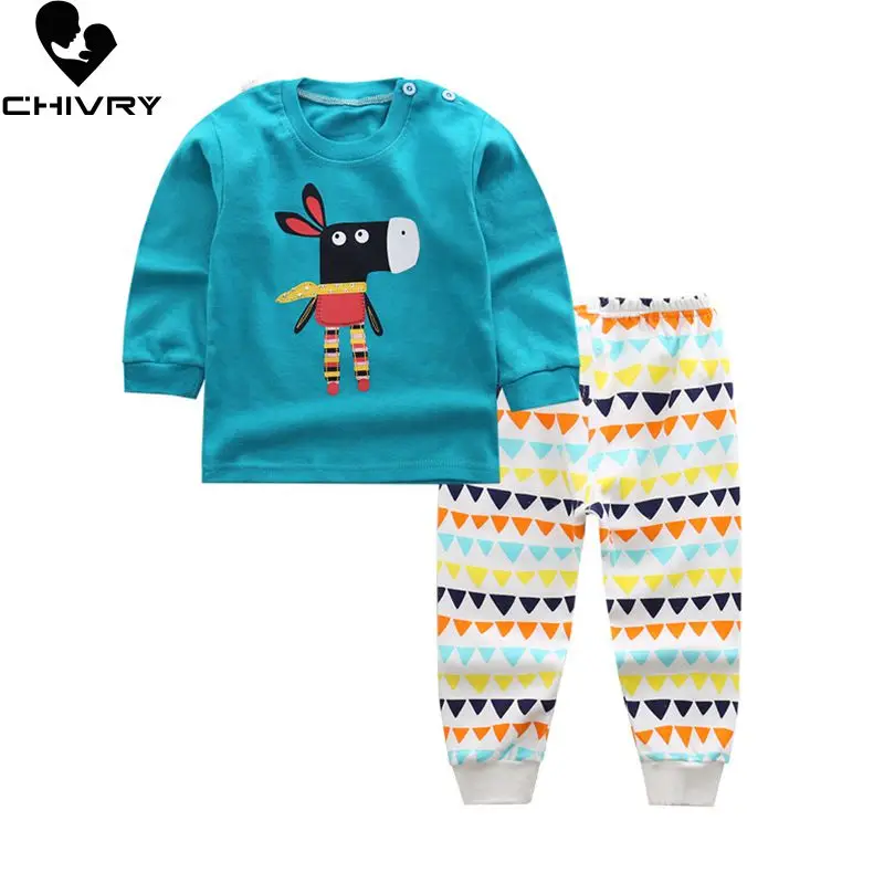 

2021 New Kids Boys Cotton Pajama Sets Cartoon Print O-Neck Cute T-Shirt Tops with Pants Baby Girls Children Autumn Clothes Sets