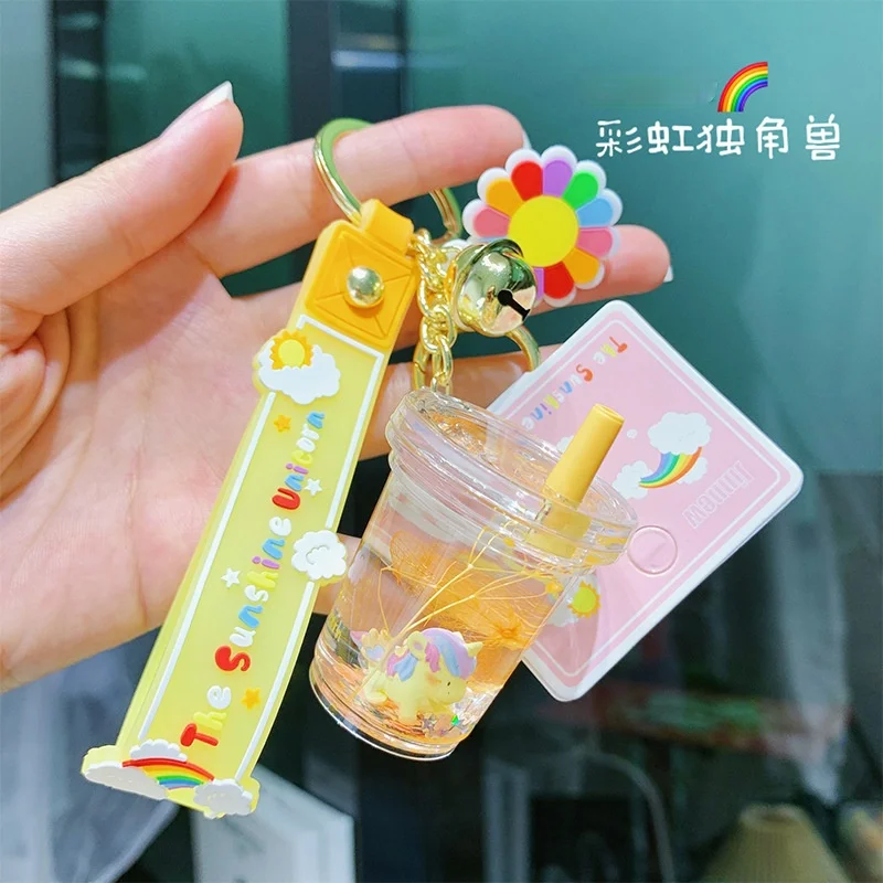 Creative Cartoon Rainbow Unicorn Charm Keychain   Cute Slick Quicksand Keychain    Ladies Fashion Backpack Mobile Phone Keychain