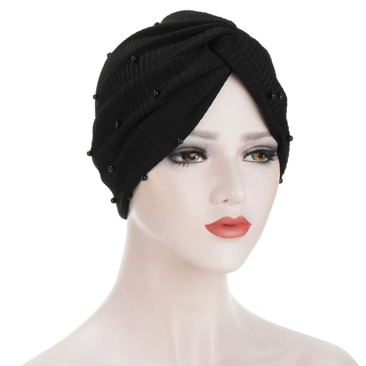 

Helisopus New Muslim Pearl Beaded Polyester Female Islamic Hijab Bonnet Solid Color Pleated Pearl Elastic Indian Hat Headscarf