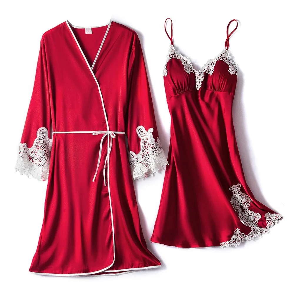 

2PCS Satin Lace Robe Gown Summer Womens Nighty Bathrobe Nightdress Sexy Kimono Sleep Gown Chest Pads Sleepwear Strap Dress