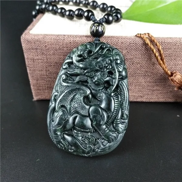 Китайское ожерелье с подвеской в виде дракона из натурального черного и зеленого