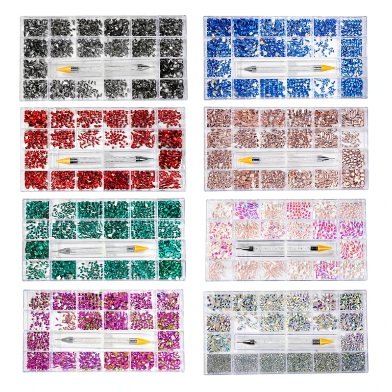 

21 Grids Nail Rhinestones Set Multi Shape for Nails Art Decor with Wax Pencil