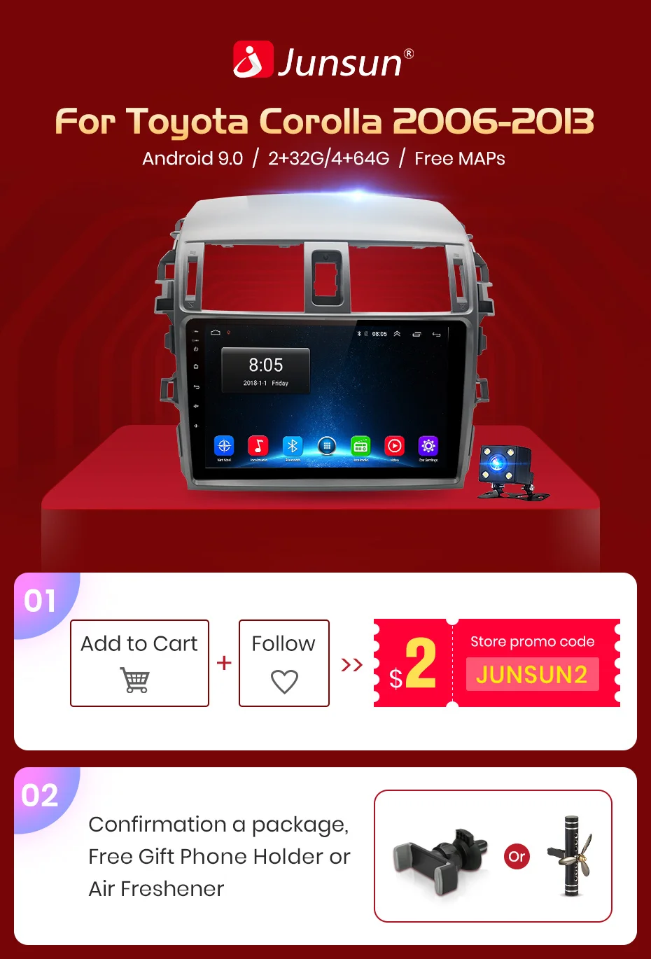 Junsun V1 Android 9,0 2G+ 32G DSP автомобильный Радио мультимедийный плеер gps навигация для Toyota Corolla E140/150 2007-2013 2din без DVD