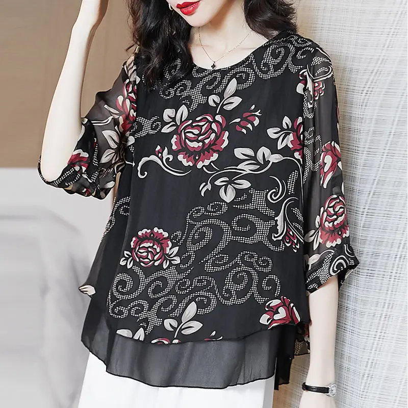 Шифоновая рубашка с имитацией двух предметов рукавами средней длины и круглым