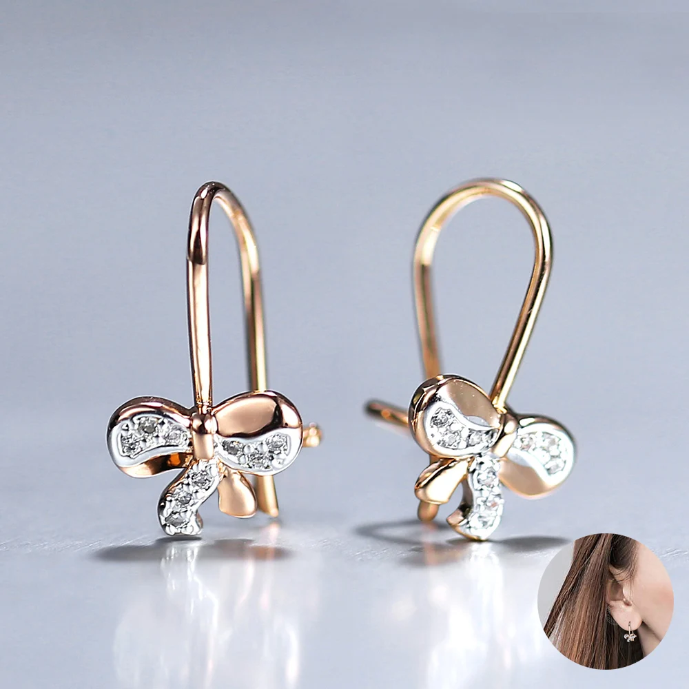 

Drop Dangle Earrings For Girls 585 Rose Gold Color Cute Butterfly Bow Tie Rhinestone CZ Paved Earrings Women Jewelry LGE347