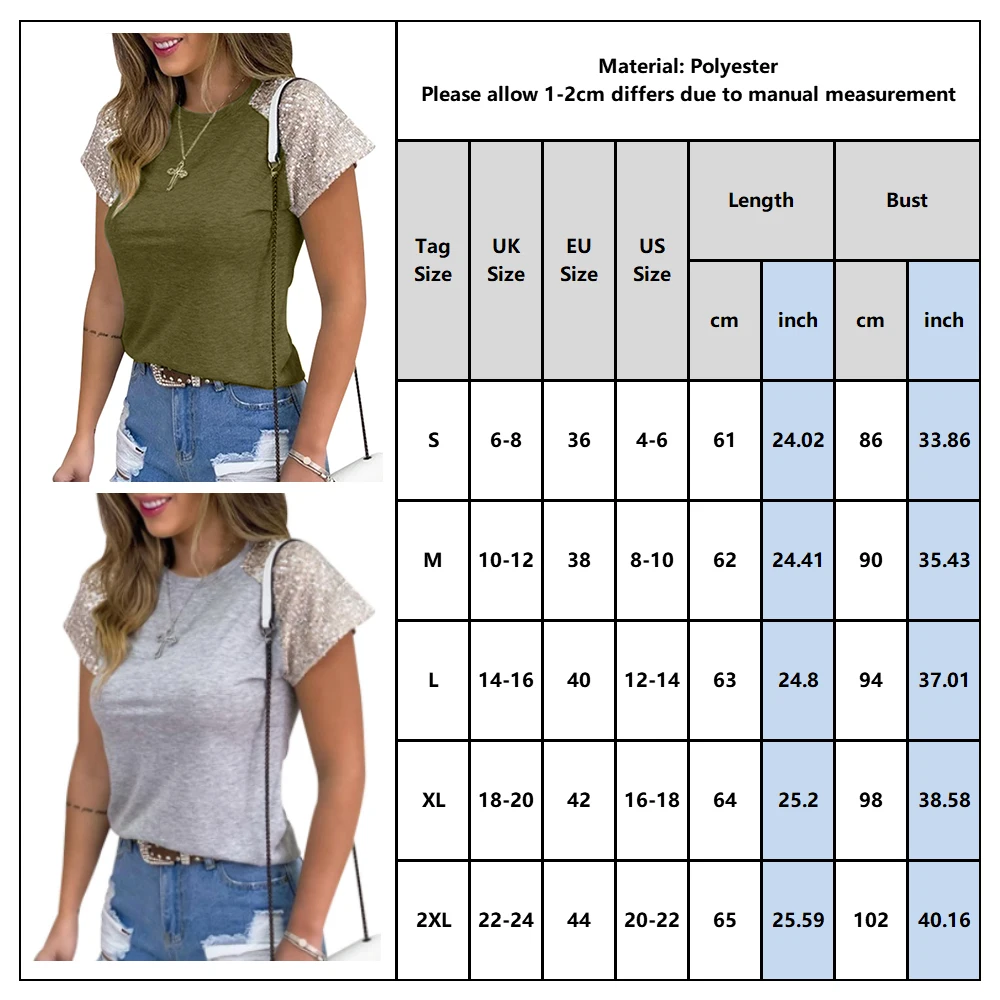 

Women's Casual Sequined Short Sleeved T-shirts Round Neck Fashion Summer Ladies Tee Tops Female Solid Color Street Tees D30