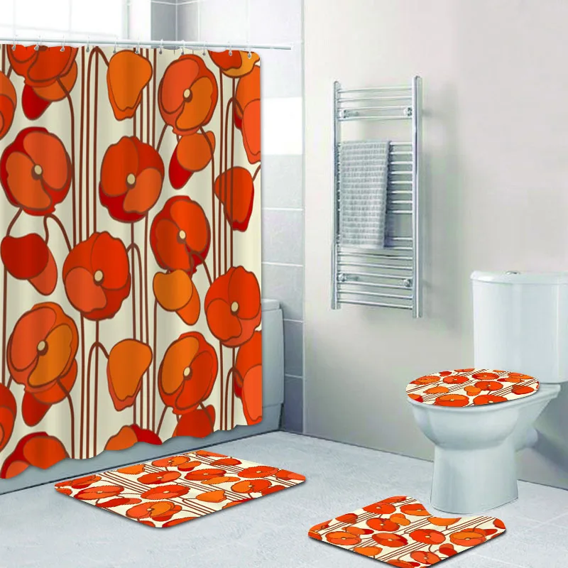 Shabby Chic Yellow Poppy Poppies Shower Curtain Bathroom 3D Red Floral Bath Rug Mat for Toilet Flowers Home Decor | Дом и сад