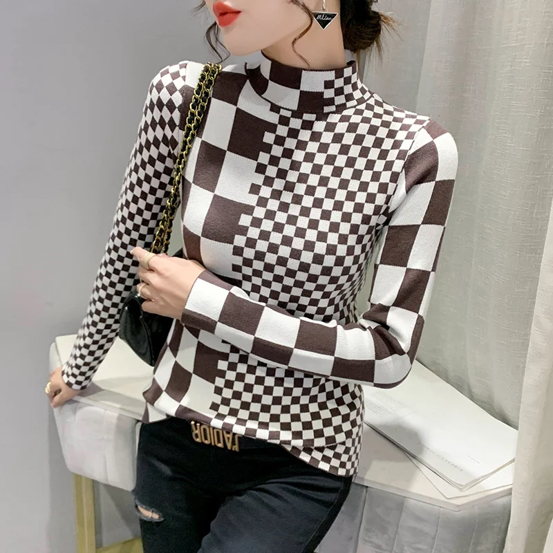 

#7407 Plaid Sweater Women Half High Collar Basic Sweater Knitted Female Pullovers Korean Fashion Slim Women Sweaters Autumn 2022