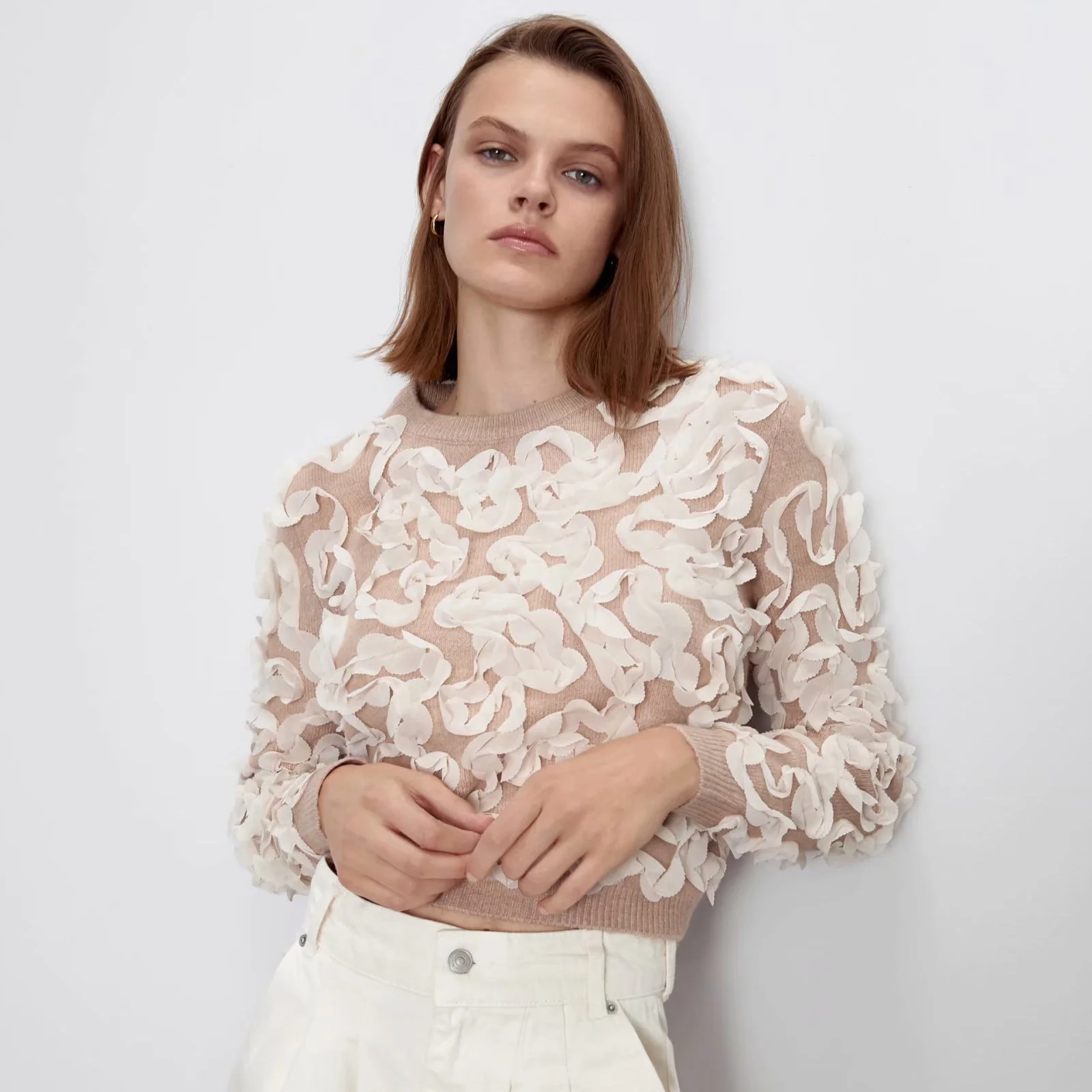 Женский вязаный свитер с круглым вырезом ZA Короткий Повседневный пуловер