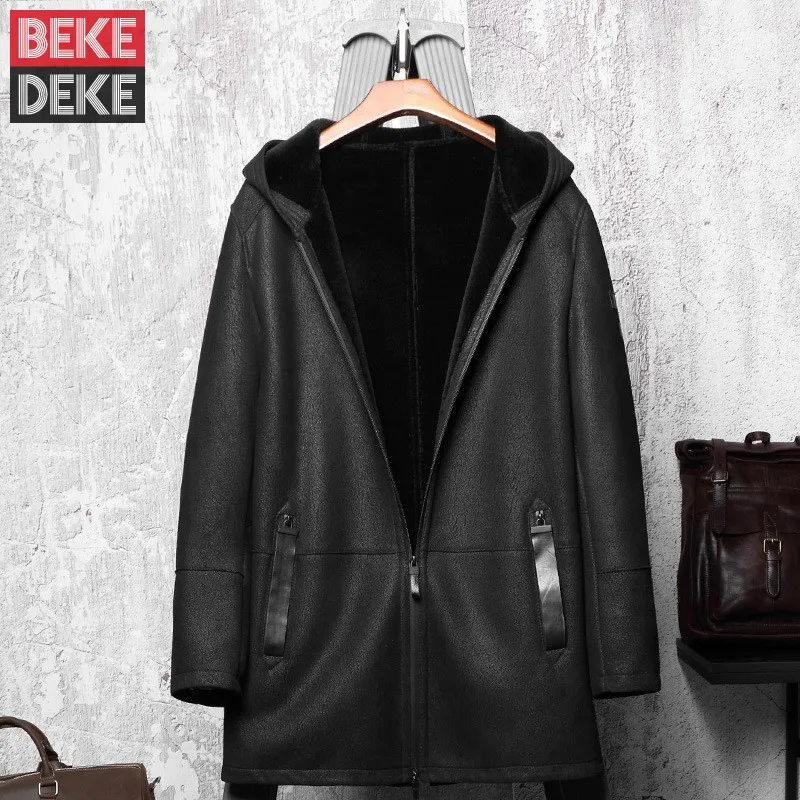

Winter Mens Natural Lamb Fur Mid Long Coat Hoody Thick Wool Lining Real Fur Jacket High Quality Leather Shearling Overcoat 5XL