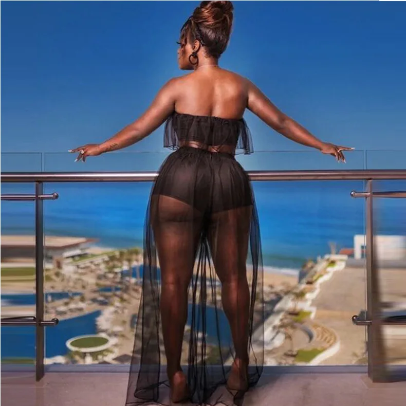 

Mesh Patchwork Sexy Women Sets Strapless Backless Crop Tops High Waist Lining Shorts Outer Sphere Mesh Sets For Nightclub Wear