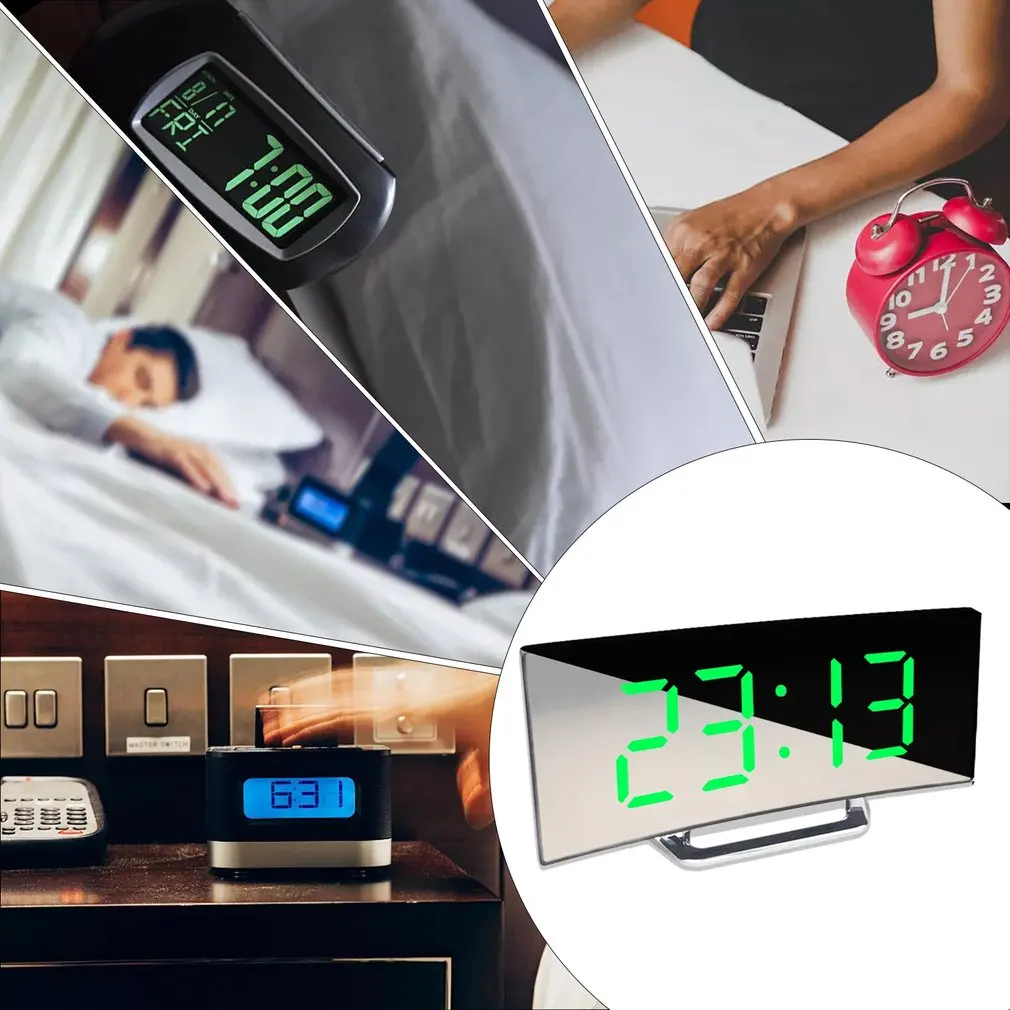 Большой светодиодный зеркальный будильник с изогнутой поверхностью бесшумные