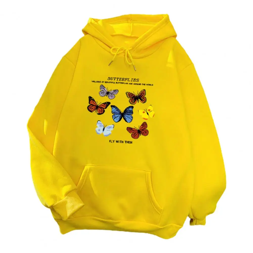 2021 Butterflies Pattern Front Pocket Design Sweatshirt Cotton Blend Long Sleeve Winter Hooded for Daily Life