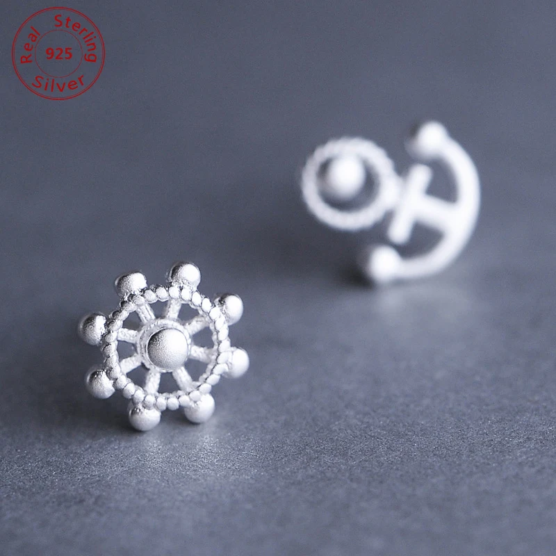 Женские серьги гвоздики из серебра 100% пробы с якорем и рулем|Серьги-гвоздики| |