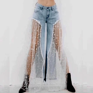 Брюки женские с широкими штанинами, модные длинные штаны из денима и тюля в стиле пэчворк, брюки с колокольчиками в ретро стиле, на лето