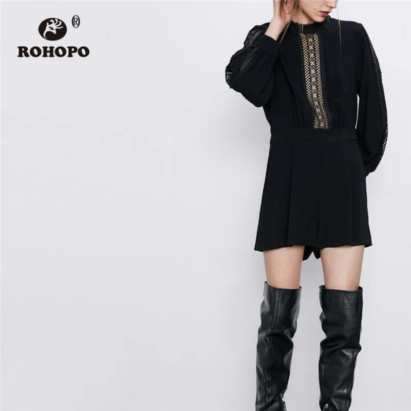 ROHOPO длинный рукав круглый воротник выдалбливают черный комбинезон пуговицы