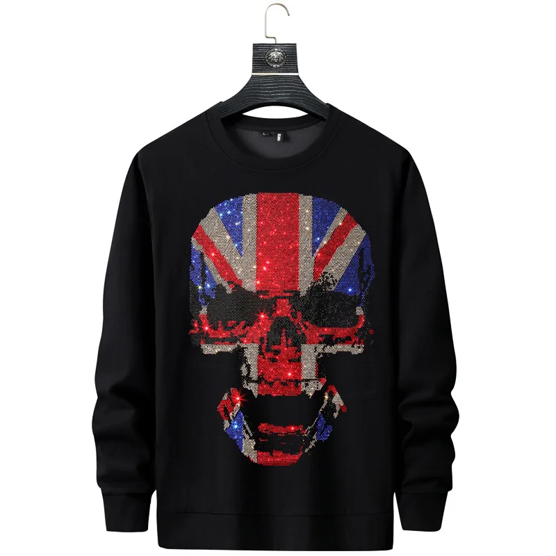 

Men 2021 Colorful Skull Rhinestones Hoodie Fashion Slim Streetwear Full Rib Sleeve O-Neck Pullover Hoodie Mens Autumn Clothes