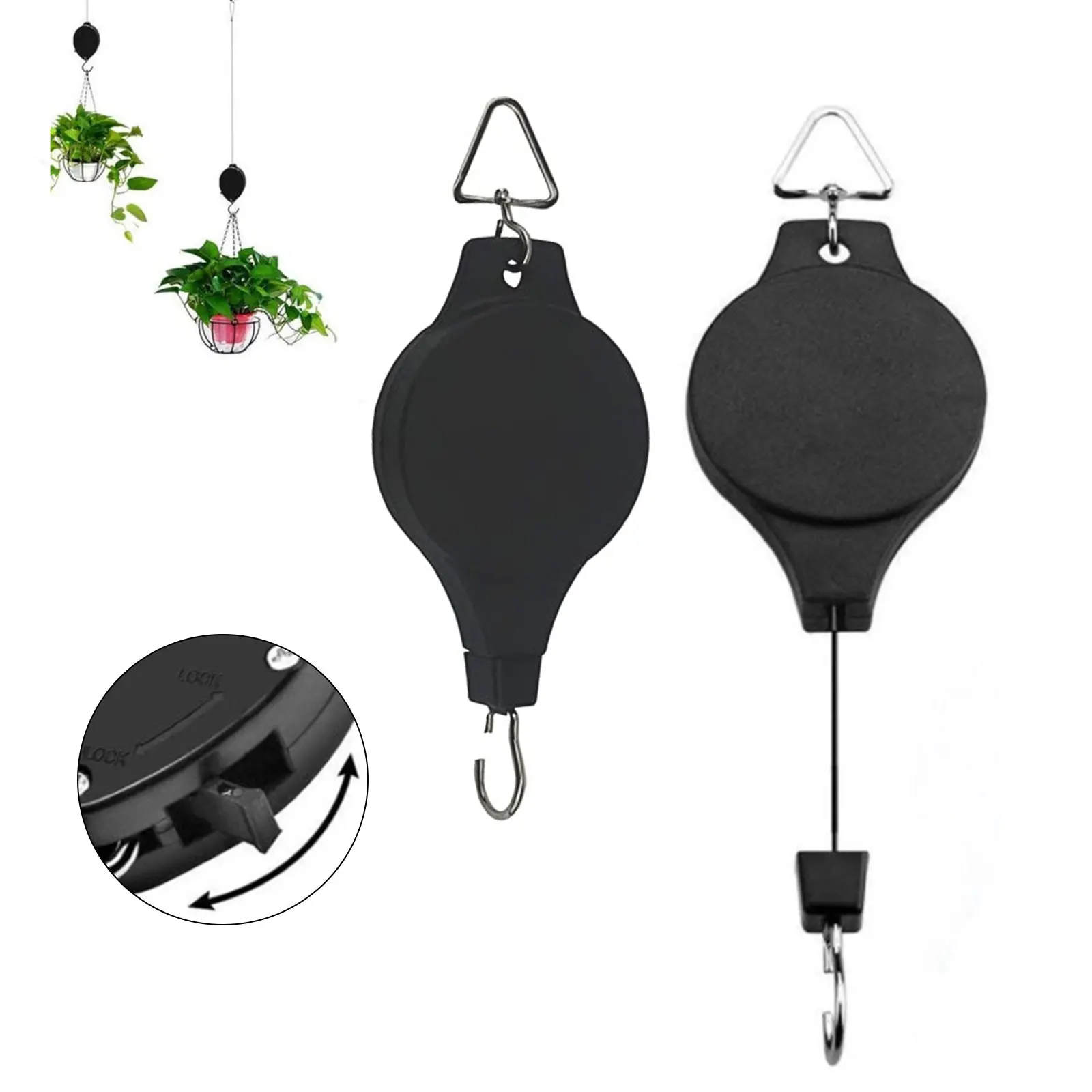 

Retractable plant pulleys, adjustable plant hooks, with locking mechanism, used to hang plants, garden flower baskets, pots