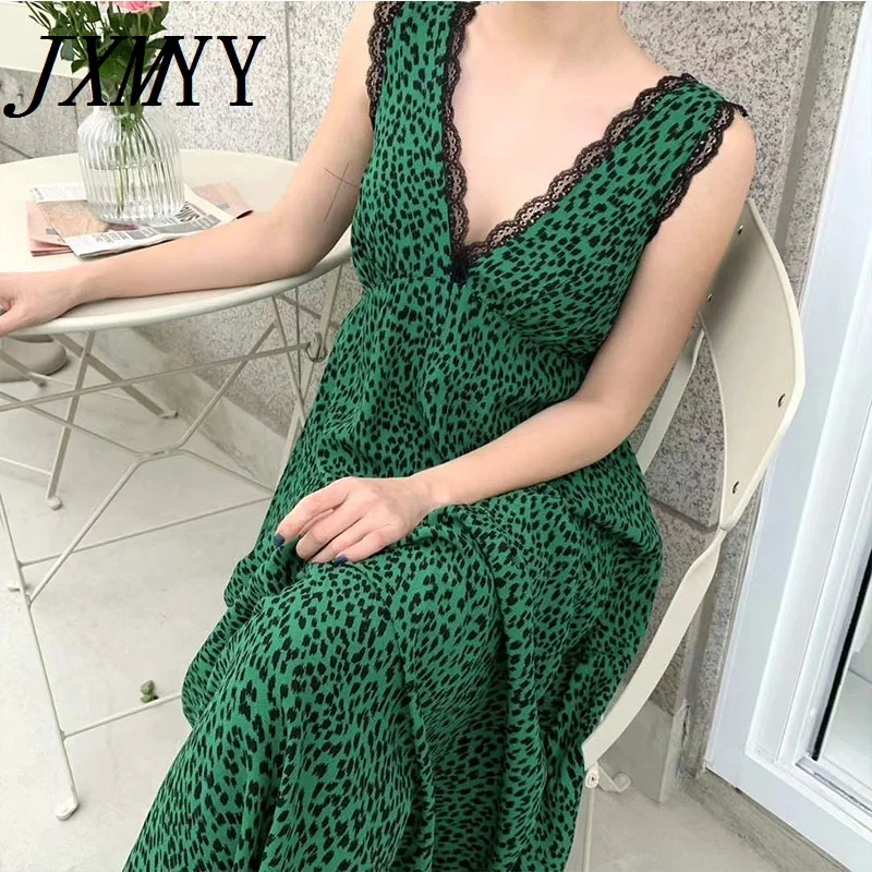 

JXMYY 2021 Fashion Summer Stitching Lace Edge V-Neck Vest Dress Female Retro Temperament Leopard Print Suspender Dress