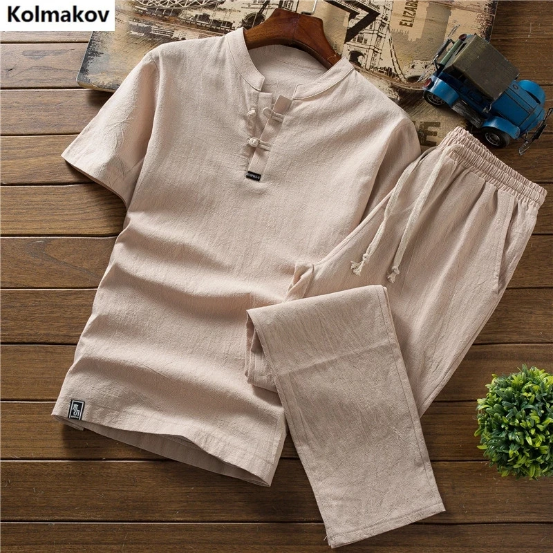 

(Shirt + trousers) summer Chinese Style men shirt Cotton and linen shirts men's High quality casual shirts Two Piece M-5XL