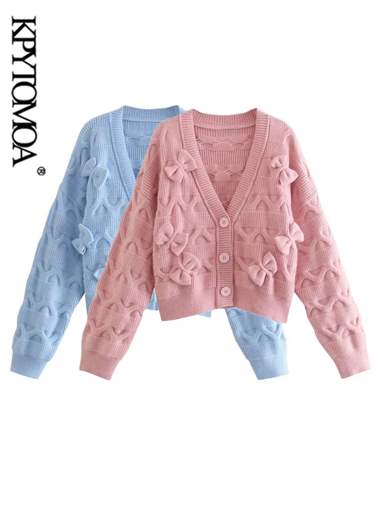 

KPYTOMOA Women Fashion With Bow Loose Knit Cardigan Sweater Vintage V Neck Long Sleeve Female Outerwear Chic Tops