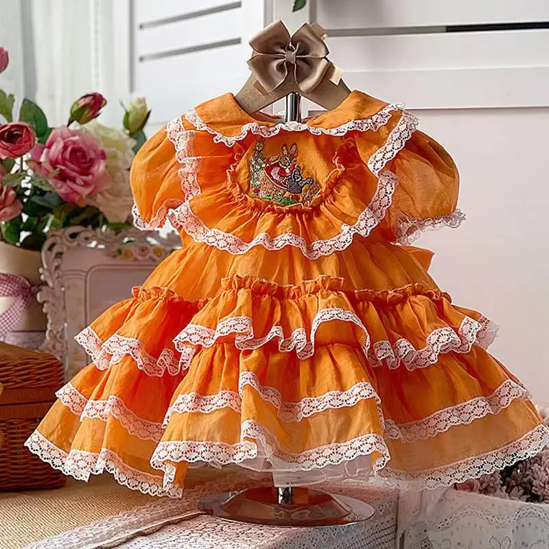 0-6Y Summer Vintage Princess Orange Lace Classical Short Puff Sleeve Cotton Peter Pan Collar Dress For Baby Girls Birthday Party
