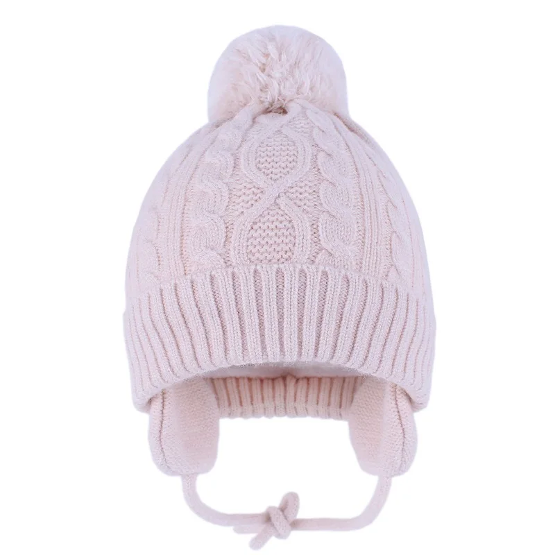 

Winter Baby Boy Girl Ear Protective Wool Knitted Pompon Hat Crochet Warm Thick Cap With Ear For Kids