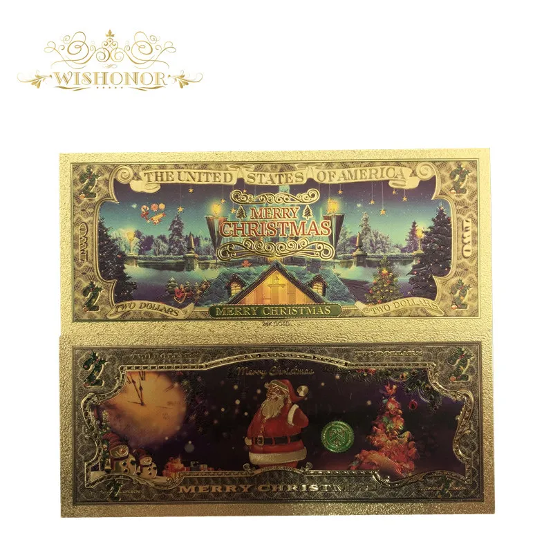 10 шт. новый дизайн Счастливого Рождества банкнота Америка 2 доллара в 24 к
