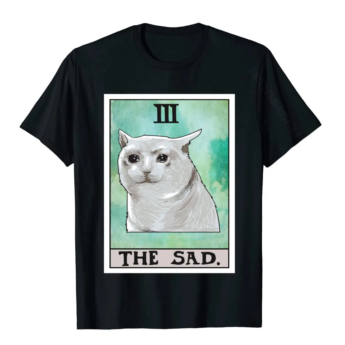 Camisetas divertidas de algodón para hombre, camisetas personalizadas con estampado de gato triste, cartas de Tarot, Europa