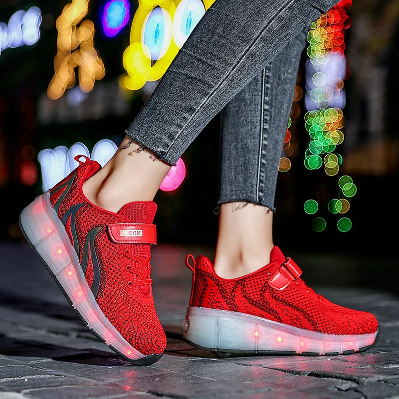 Kids Glowing Sneakers with wheels Led Light up Roller Skates Sport Luminous Lighted Shoes for Boys USB Charging LED shoes | Спорт и