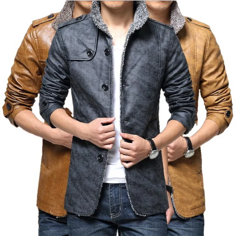 Для мужчин однотонный длинный рукавпальто с воротником-стойкой из искусственной