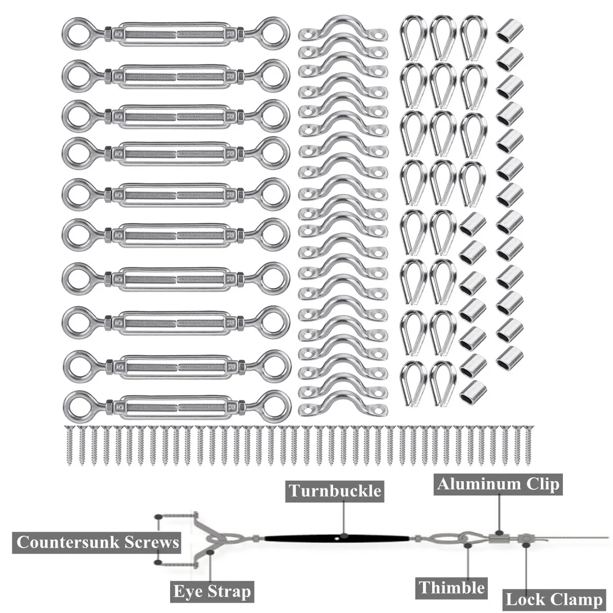 

110Pcs DIY Fitting Rigging Hardware Balustrade Kit 316 Stainless Steel Wire Rope Eye Thimbles Nut Universal For Boat Speedboat