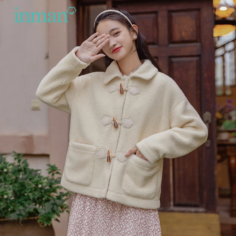 INMAN Women's Coat Autumn Winter Vintage Chic Horn Buttons Dropped Shoulder Lamb Wool Keep Warm Cute Jacket