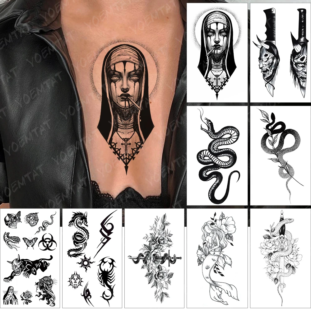

Waterproof Temporary Tattoo Sticker Virgin Mary Flash Tatoo Dark Nun Skull Snake Arm Wrist Fake Tatto For Body Art Women Men