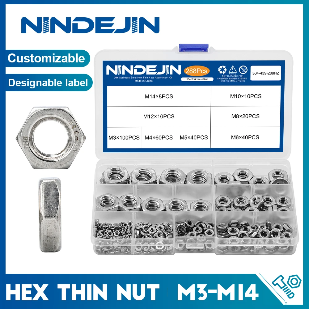 

NINDEJIN 288pcs Hex Hexagon Thin Nuts Assortment Kit M3 M4 M5 M6 M8 M10 M12 304 Stainless Steel Metric DIN439 Hex Thin Nuts Set