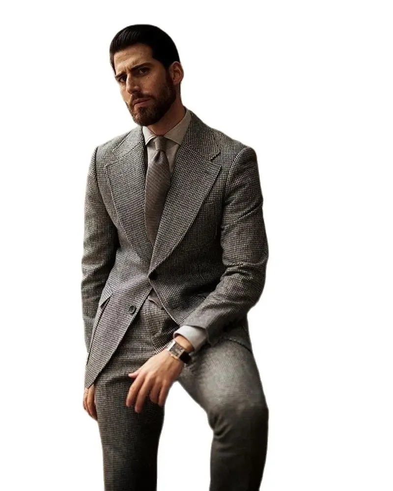 

Fashion Men Suits Tailor-Made 2 Pieces Tiny Houndstooth Notch Lapel Single Breasted Clothes Formal Wedding Causal Slim Fit Wear