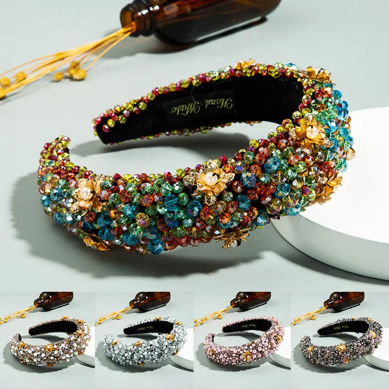 

Handmade Alloy Flower Head Hoop Thick Sponge Velvet Hair Hoop Full Crystal Padded Headband Creative Luxury Hair Accessories