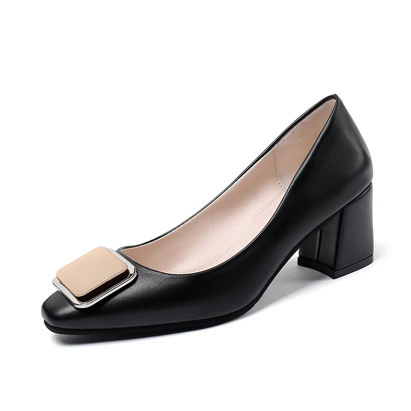 

2020 New Fashion Thick High Heels Women Shoes Woman Pumps Square Buckle Slip on Shallow Work Shoes Solid Leather Casual Shoes