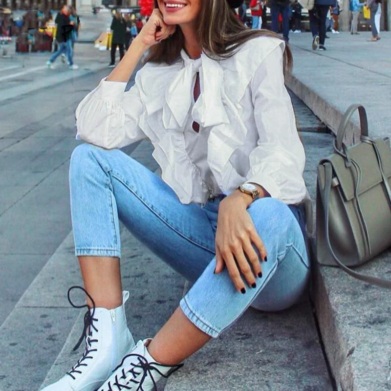 2019 элегантная белая блузка с галстуком-бабочкой женская оборками и длинным