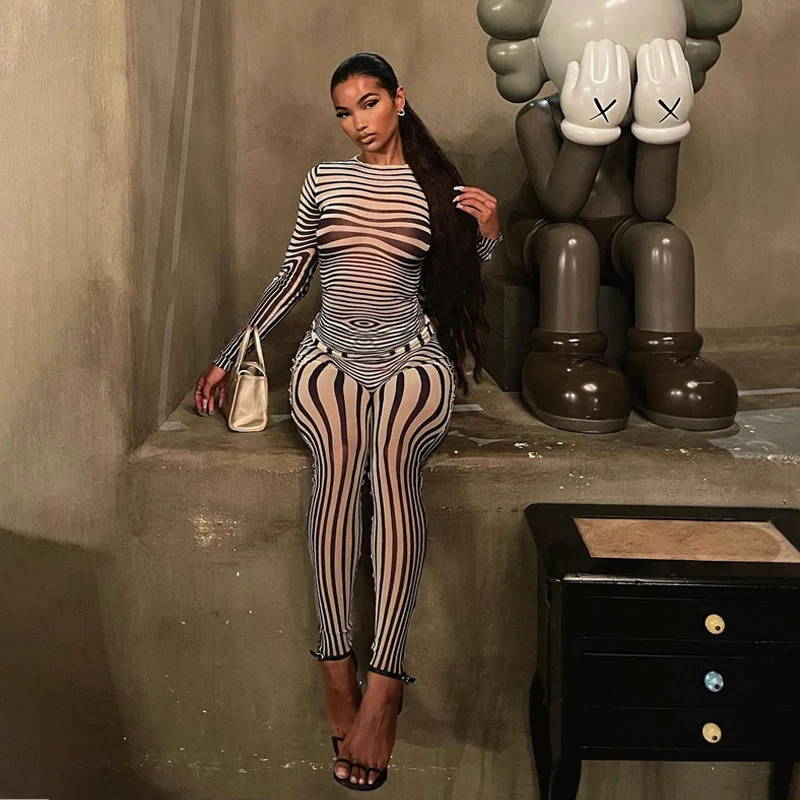 

Sexy Hipster Long Sleeve O-Neck Female Streetwear Outfits Mesh Striped Two Piece Set Women Sheath Body-Shaping High Street