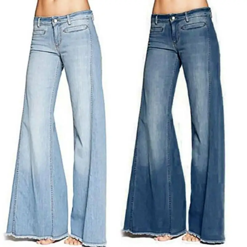DIMI Plus Size Solid Color Low Waist Trousers Fashion Casual Women Flared Denim Jeans Wide Leg Pants Bell Bottom Trousers