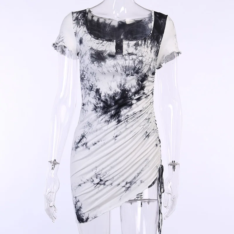 

Women Party Dress Tie Dyed Dress Square Collar Dress High Waist Elastic Bodycon Single Drawstring Tie Dress Summer Sexy Dress