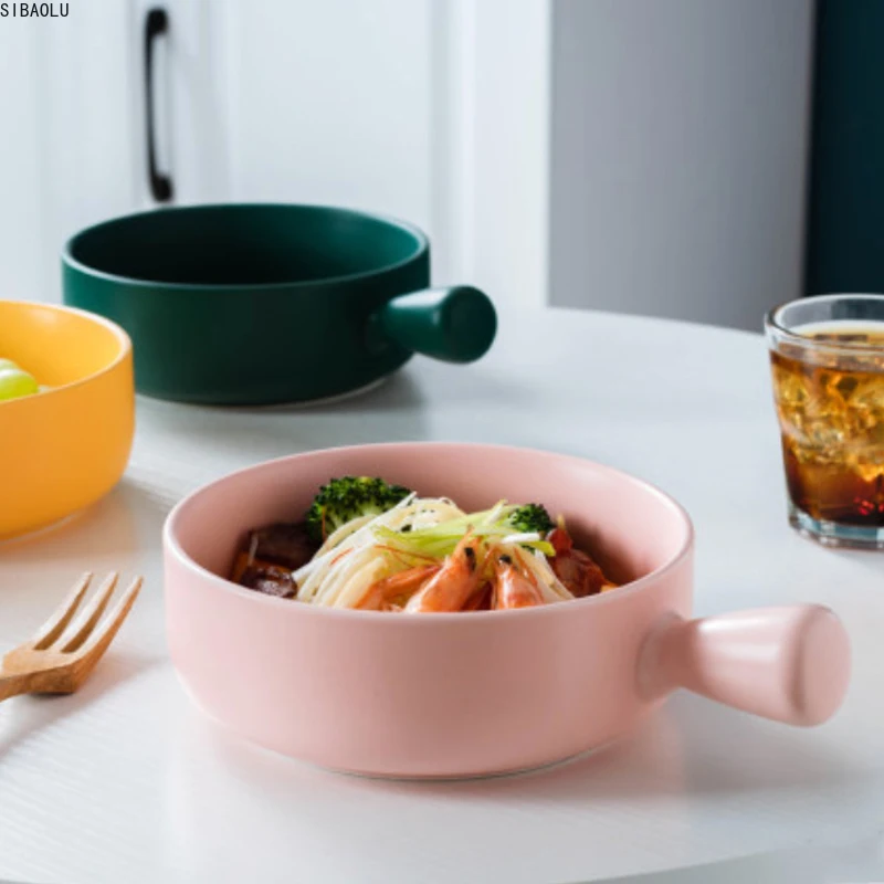 Nordic Ceramic Salad Bowl With Handle Breakfast Cereal Fruit Bowl Solid Color Dessert Soup Noodle Bowl Microwave Oven Special enlarge