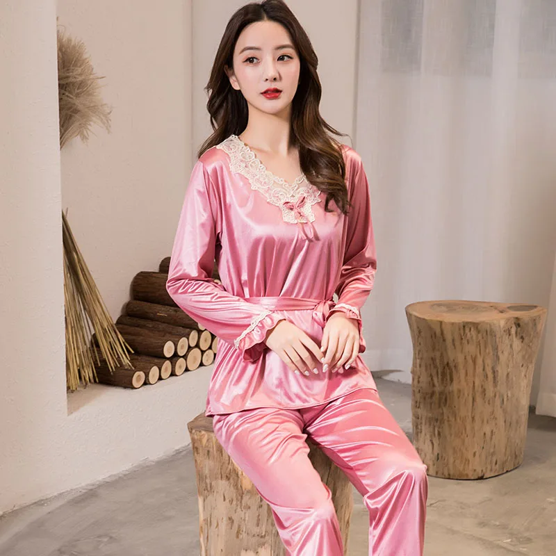 Пижама WAVMIT Женская с длинным рукавом Шелковый комплект из 2 предметов одежда для