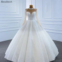 2021 heavy beading pearls ball gown wedidng dress long sleeve white bridal gown high neck wedding wear lace up back new
